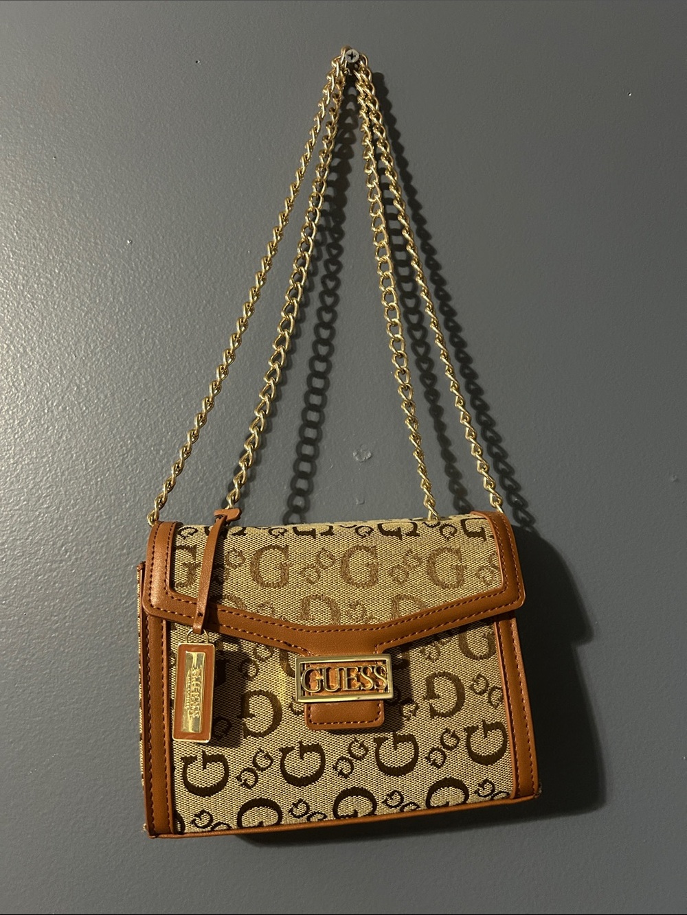 GUESS Brown Tan Logo Crossbody with Gold Chain